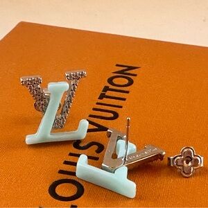 Silver LV Monogram Earrings with Crystal & mint green accent !